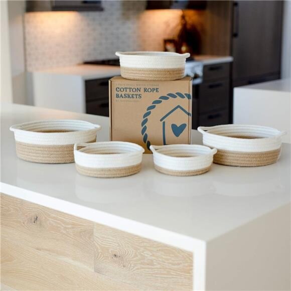 5-Piece Round Small Woven Baskets Set– Cotton Rope Baskets for Organizing - Picture 2 of 7